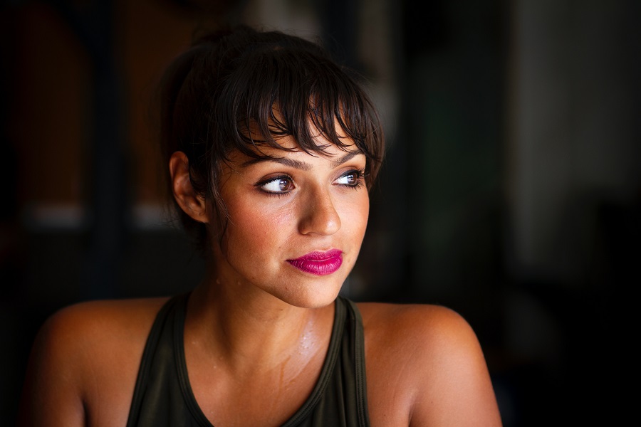 portrait beautiful woman with magenta lipstick